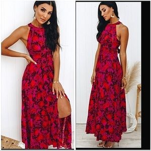 Anthropologie red purple floral flowy flare halter maxi dress. XS